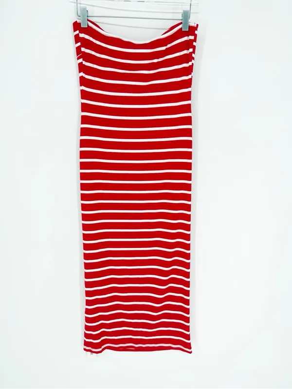 NWT Commense Striped Strapless Midi Tube Dress Women's M Red‎ White Coastal - Image 3