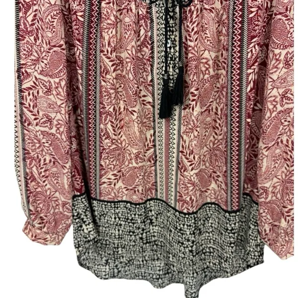 DR2 Women's Tunic Top Size Medium‎ Pink Black Paisley Boho Tassel V-Neck - Image 7
