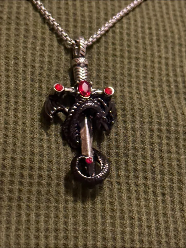 Silver Red Cross & Dragon Pendant Necklace - Image 5