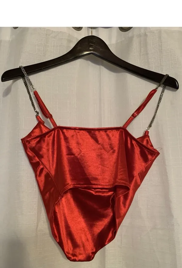 Red Satin Cowl Cami Top With Rhinestone Straps Size Small - Image 5
