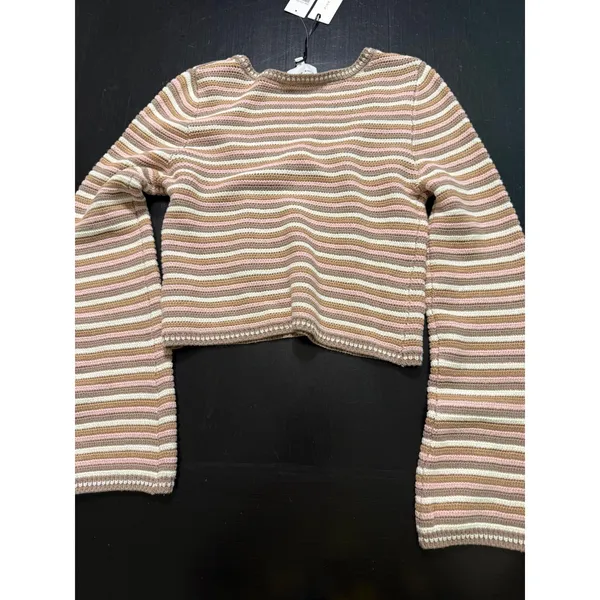Pink Rose Oat Stripe Cropped Knit Sweater Square‎ Neck PF4S26893DG NWT Medium - Image 7