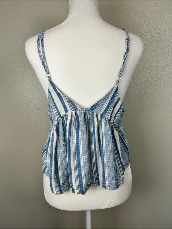 Free People Striped Blue Tie-Front Peplum Cami Top Size Small - Image 2
