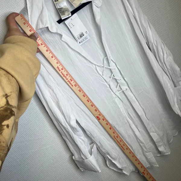 HM White Lace Up Cotton Gauze Shirt Oversized Long Sleeve Top Small NEW - Image 4