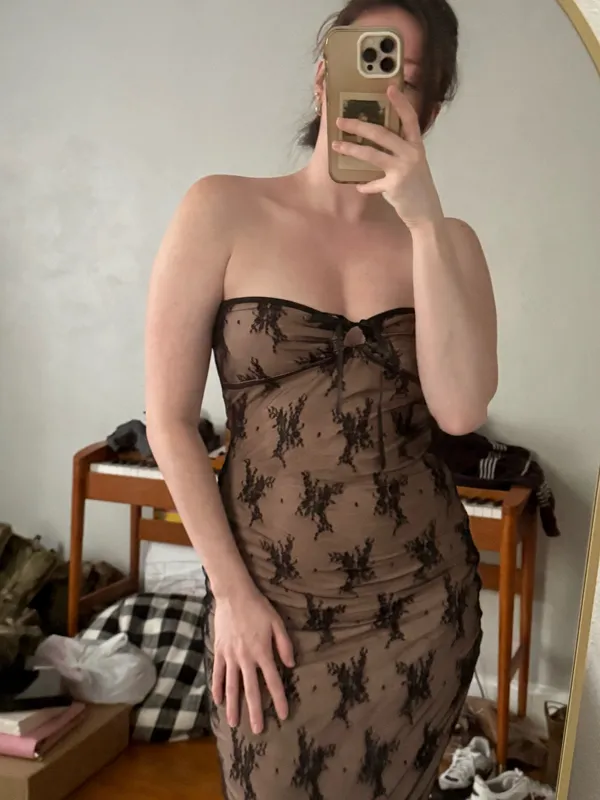 Strapless Black and Brown Lace Midi Dress - Image 2