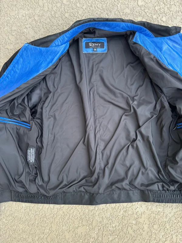 Remy Men's Lambskin Leather Bomber Jacket Black Blue Trim Sz 38 Small - Image 9