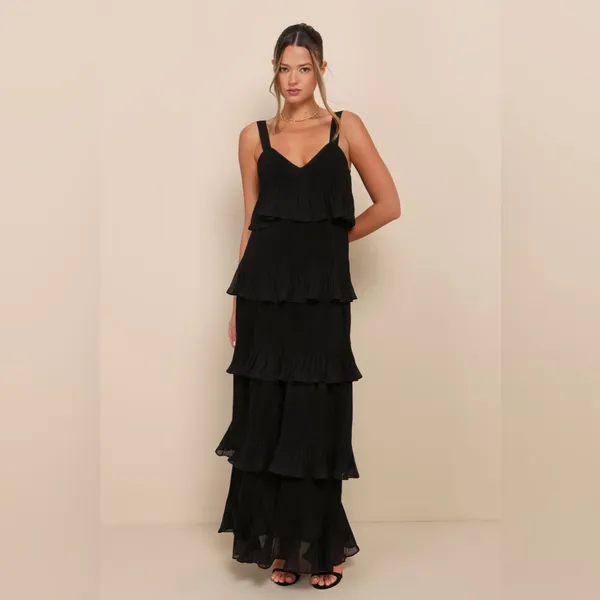 LULU’S Elegant Nature Black Pleated Sleeveless Tiered Maxi Dress - Image 3