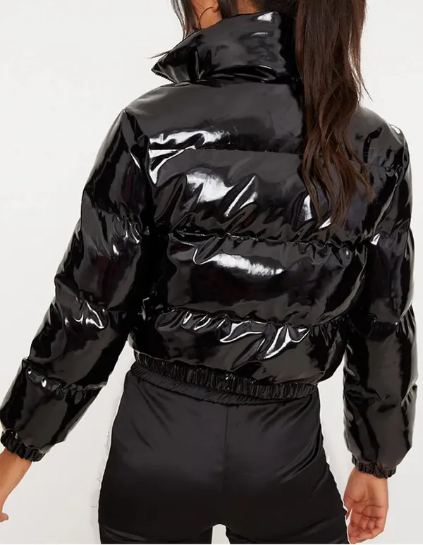 NWT Nanyfair Women's Black Shiny Vinyl Cropped Puffer Jacket Size L - Image 4