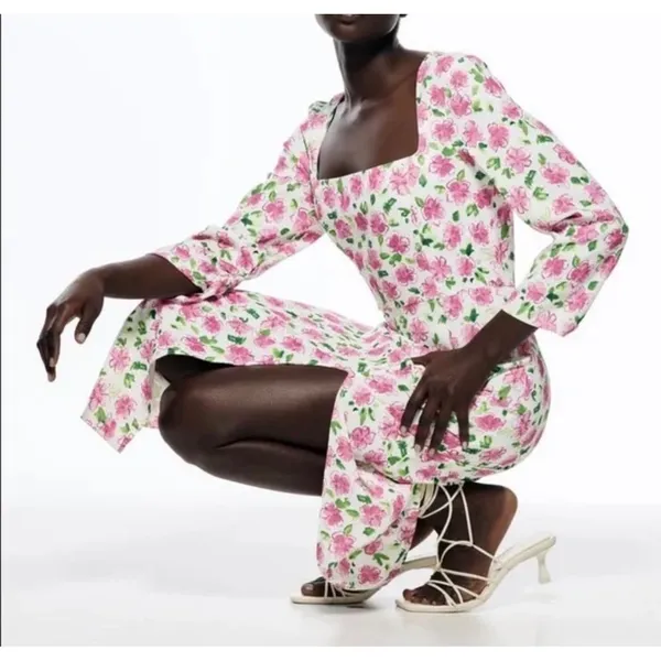 Zara‎ Square Neck Floral Print Midi Dress Pink White Long Sleeve Slit - Image 2