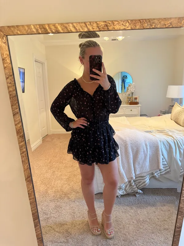 Love Shack Fancy Black And Pink Floral Mini Dress with Ruffles - Image 2