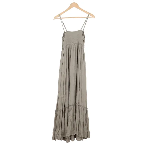 Lovestitch Smocked Tiered Maxi Dress Olive Grey Rayon Boho M - Image 4