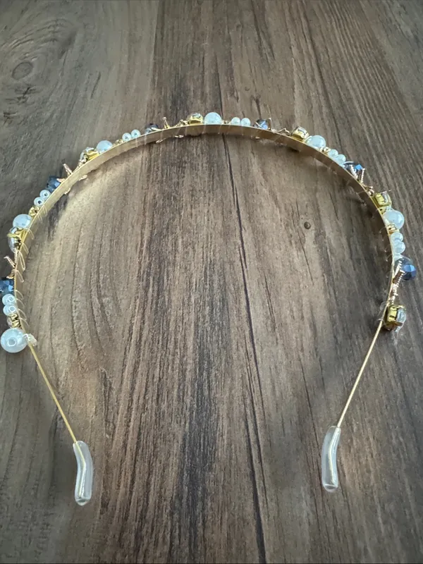 Gold Shell & Pearl Headband with Blue Crystal Accents - Image 4
