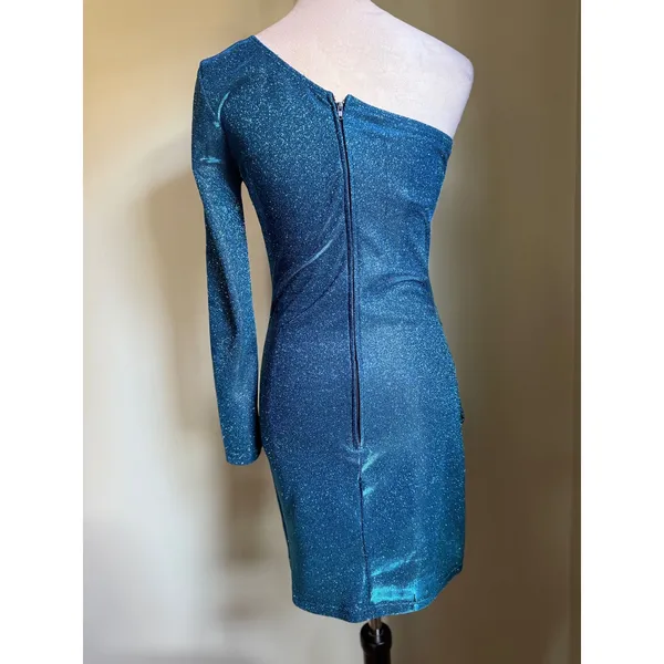 Charlotte Russe Y2K‎ Blue Glitter One Shoulder Bodycon Mini fairy sparkle medium Dress mermaid - Image 3