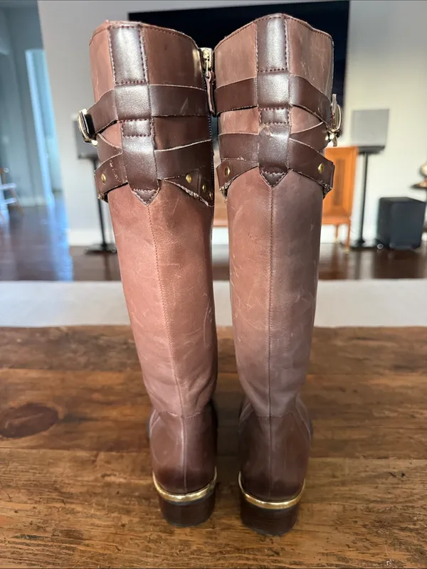 Franco Sarto Brown Leather Gold Hardware Celeste Riding Boots Size 5.5 - Image 6