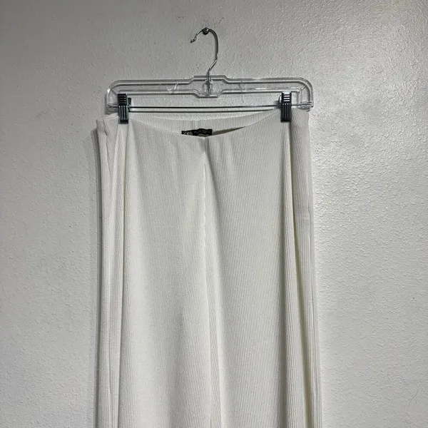 Zara White High Waist Wide Leg Ribbed Pants Sz L - Image 3
