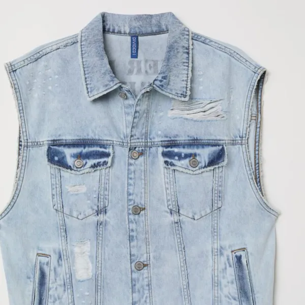 NWT H&M Denim Vest with Printed Design Distressed Denim Vest M - Image 4