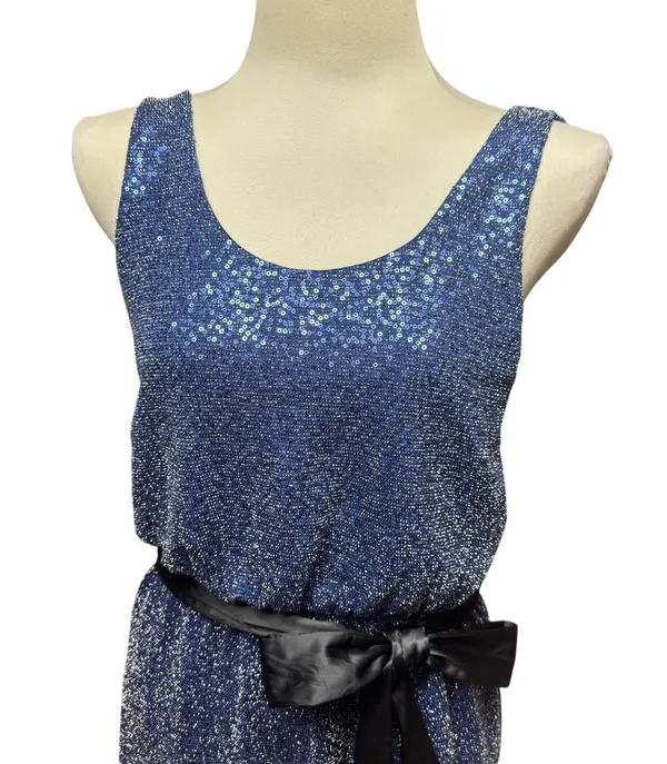 Express Sleeveless Sequin Mini Dress with Satin Sash Blue Black XS - Image 2
