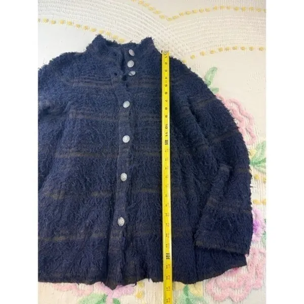 Free People Fuzzy Stripe‎ Button Front Cardigan Blue Olive Green Women's S - Image 5