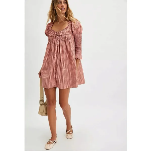 Free People Retro 70s Babydoll Star Dip Mini Dress in Red Combo Size Medium - Image 5