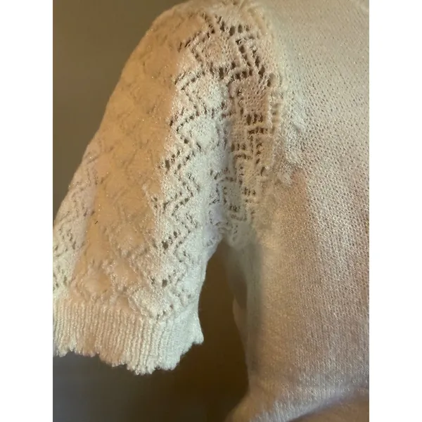 Knit Mix White Floral Embroidered Shimmer Crop Sweater Top Pointelle Puff y2k S - Image 2