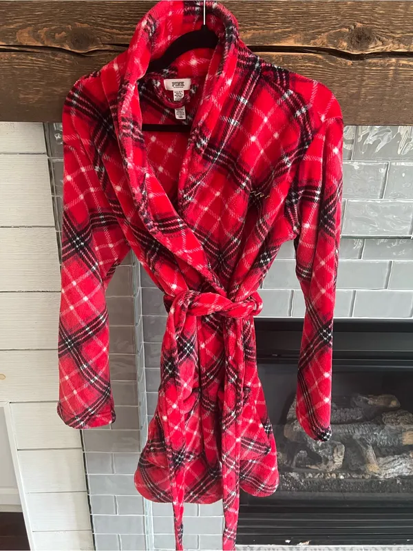 Victoria's Secret Short Super Soft Cozy Plaid Embroidered Robe Pockets XS EUC - Image 2