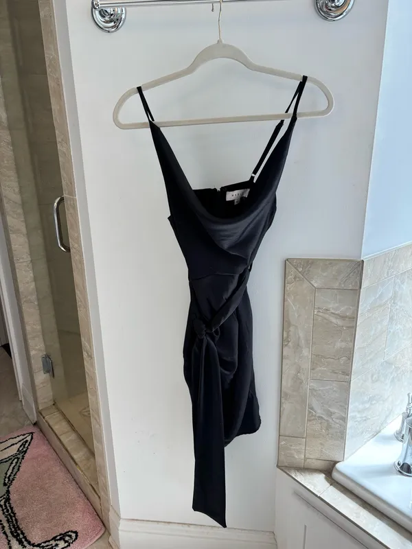 Boutique Black Satin Ruched Mini Dress - Image 4