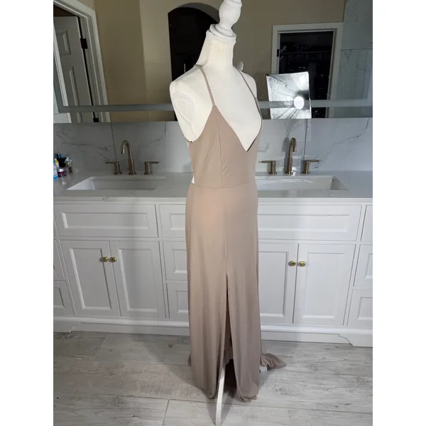 Maxi Dress Womens M Taupe Deep V-Neck Double Slit Open Back Gown - Image 8