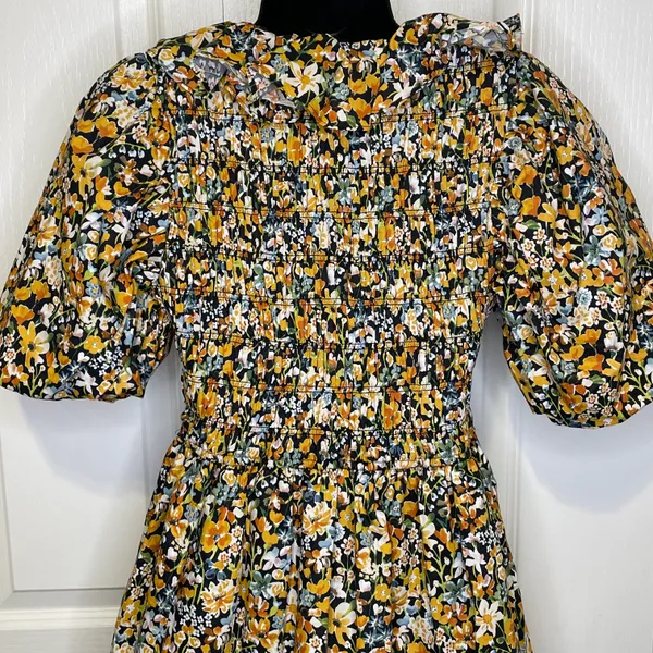 NWT Plunge Smocked Cotton Floral Mini Dress Yellow Black Blue XS - Image 8