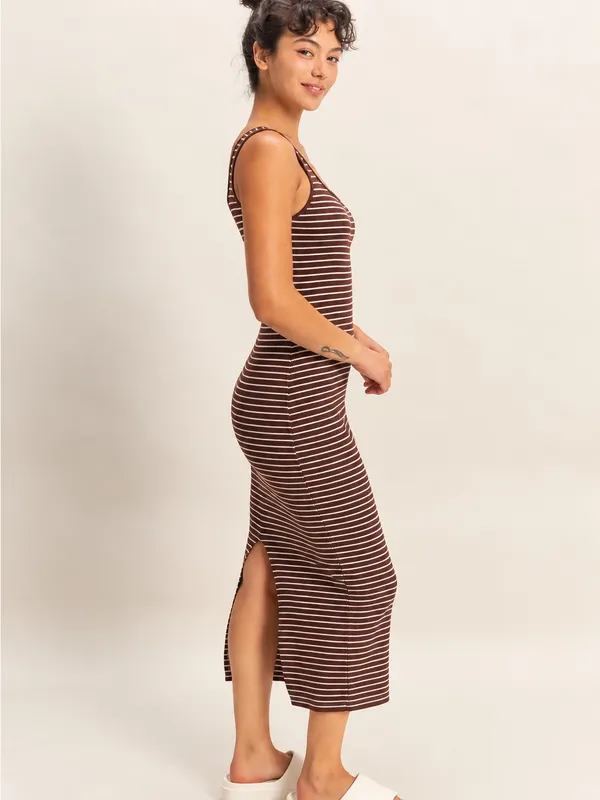 Double Zero Chocolate Brown & White Striped Ribbed Midi Tank Dress – Small NWT - Image 2