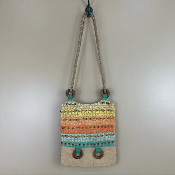 Colorful Embroidered & Beaded Bohemian Festival Jute Shoulder Bag Purse Artsy - Image 6