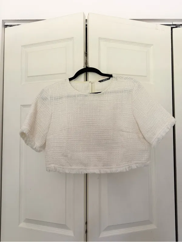 SHEIN White Tweed Skirt Set Frayed Hem Button Detail Preppy Girly Set Medium - Image 5