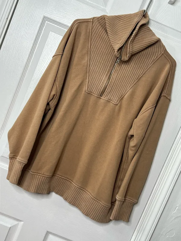 Aerie Camel Quarter Zip Pullover Sweatshirt Cozy Lounge Minimalist Athleisure M - Image 2