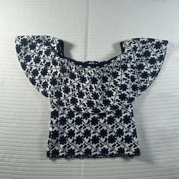 Club Monaco Rowlen Floral Off-Shoulder Top Womens Size XS Navy Blue White Knit - Image 5