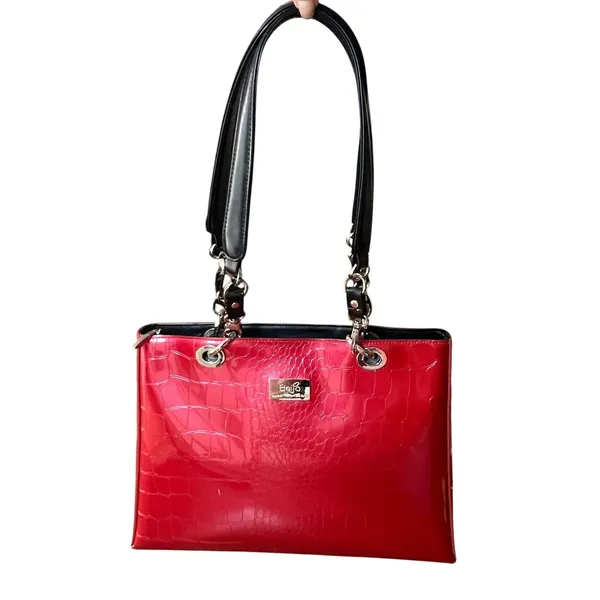 Beijo Shoulder Briefcase Bag Womens Lg Red Croc Embossed Faux Leather Tote Purse - Image 12