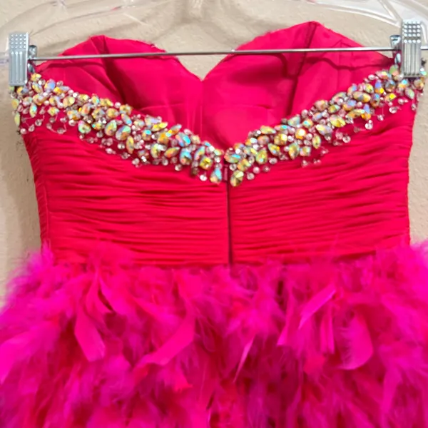 Mac Duggal Hot Pink Feather Mini Dress Beaded Sequin Strapless Prom Party Size 0 - Image 13