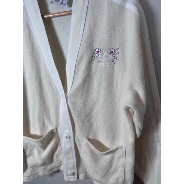 Adidas Cardigan Women Small Cream Floral Terry Cloth Sporty Athleisure street - Image 4