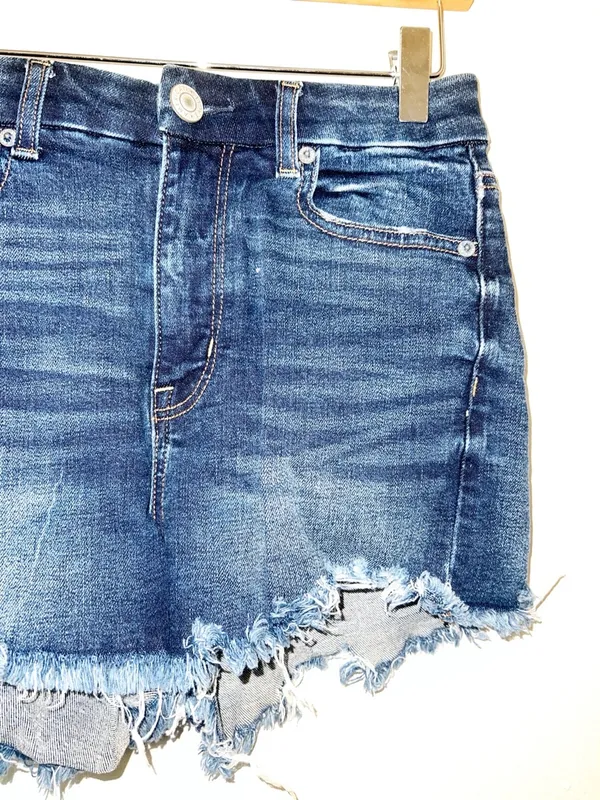 American Eagle Dark Wash Blue Raw Hem Frayed Denim Hi-Rise Shortie Jean Shorts - Image 3