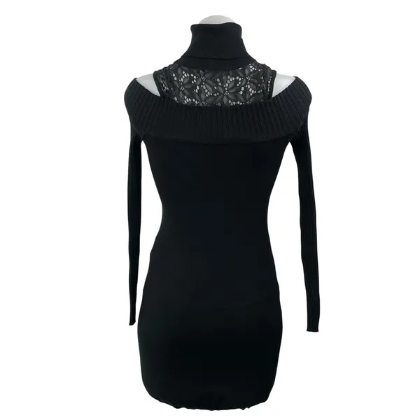 Guess Black Long Sleeves Cold Shoulder Lace Turtleneck Bodycon Sweater Dress XS - Image 3