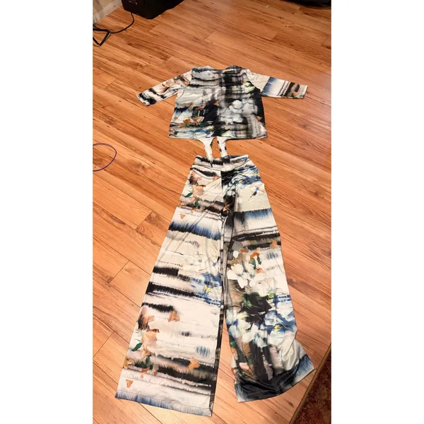 Pia Colors Womens 2 Piece Set S Multicolor Abstract Floral Wide Leg Pant Suit - Image 2
