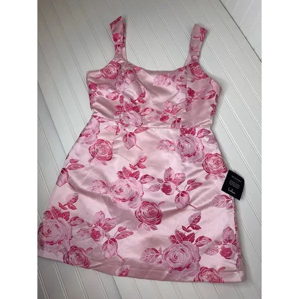 Lulus Brighter Side Pink Floral Satin Jacquard Mini Dress Party Party Large - Image 5