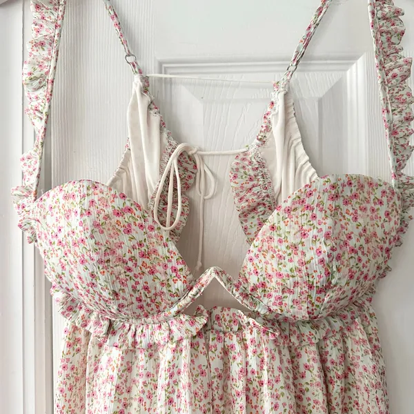For Love & Lemons Colleen Ivory Red Floral Bustier Mini Babydoll Dress Medium - Image 5