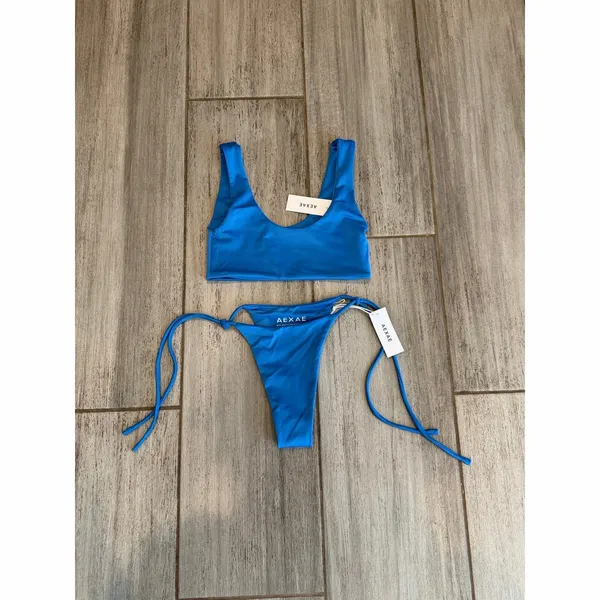 NEW AEXAE Tyra Bikini Set Ibiza Blue Tie Side Thong Swim Women Size XS Beach - Image 2