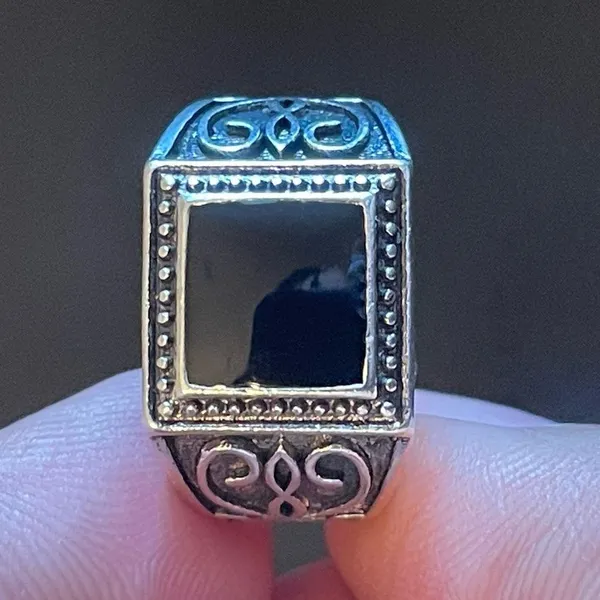 Vintage antique silver plated obsidian ring size 7.5 - Image 6