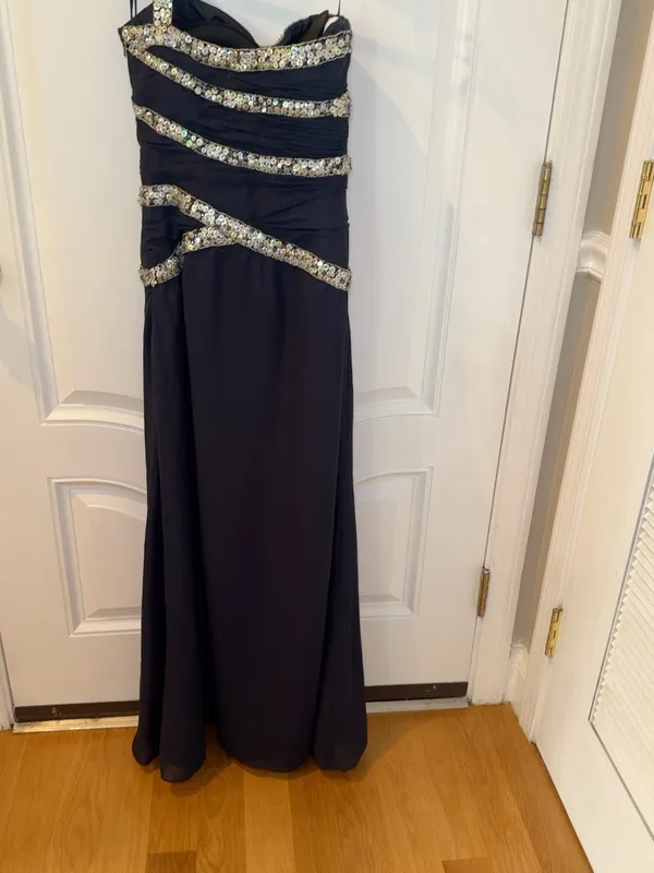 Navy Blue One Shoulder Sequin Beaded Formal Maxi Dress Evening Gown - Image 4