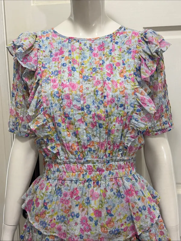 LoveShackFancy 100% Cotton Smocked Ruffle Mini Dress Blue & Pink Floral Size XS - Image 4