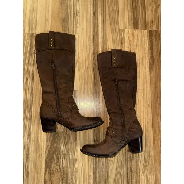 Born Women's 6.5‎ Brown Boots Leather Side Zip Knee High Studded Heel - Image 3