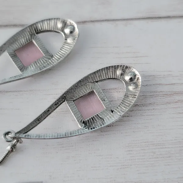 Long Silver Tone, Pink, Clear Gem Dangle Earrings - Image 4
