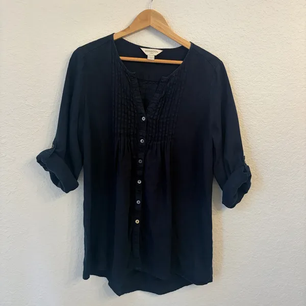 Monsoon Linen Button Tunic Top 6 Pintuck Roll Tab Sleeve Coastal‎ Nautical Beach - Image 2