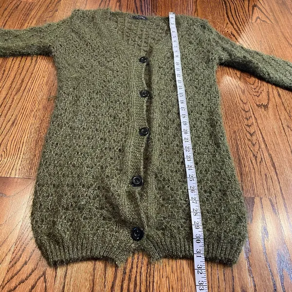 Chartreuse Olive Green Open Knit Fuzzy Cardigan Size M - Image 6