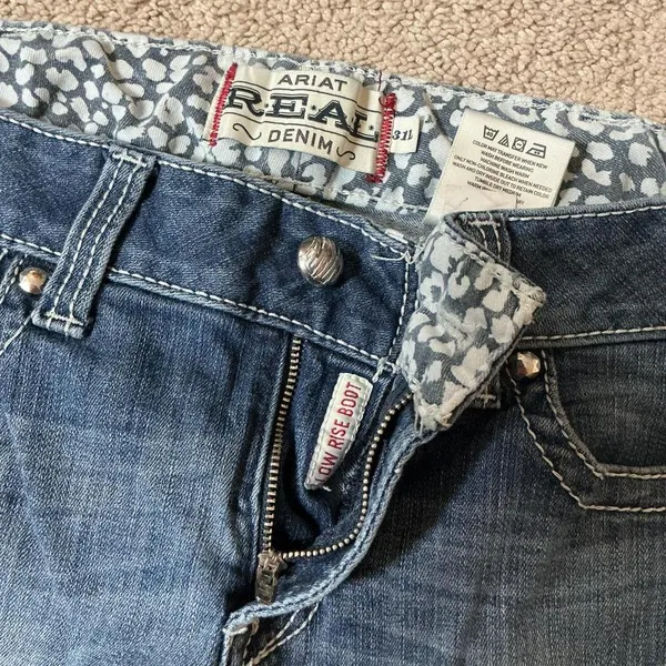 Ariat Womens Real Denim Bootcut Jeans Low Rise Whiskered Distressed Medium Wash - Image 8