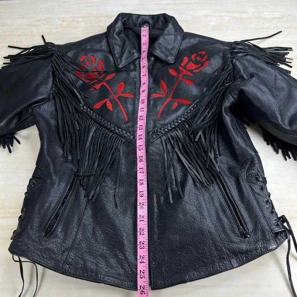 Womens Black Leather Fringe Motorcycle Jacket Red Rose Embroidery Western Size M - Image 9